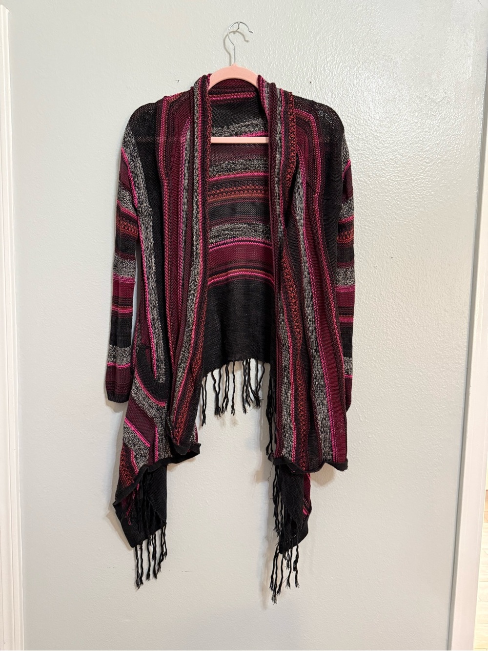 Billabong Striped Fringe Open-Front Cardigan in Pink & Black